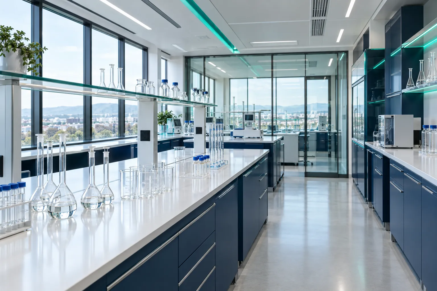 Modern research laboratory with white benches, glassware, and navy cabinetry